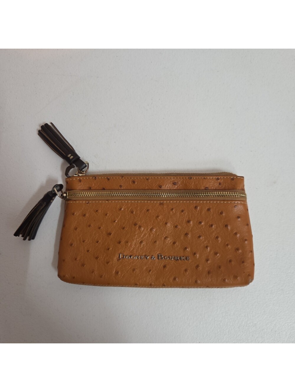 Dooney & Bourke Ostrich Double Zip Wristlet Caramel Brown Tassels